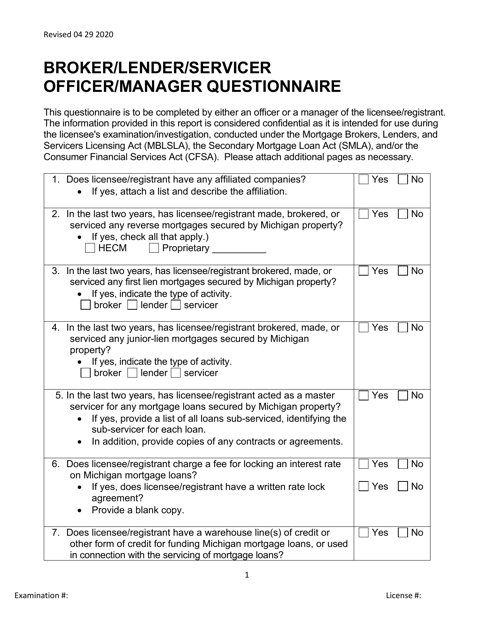 Broker / Lender / Servicer Officer / Manager Questionnaire - Michigan Download Pdf