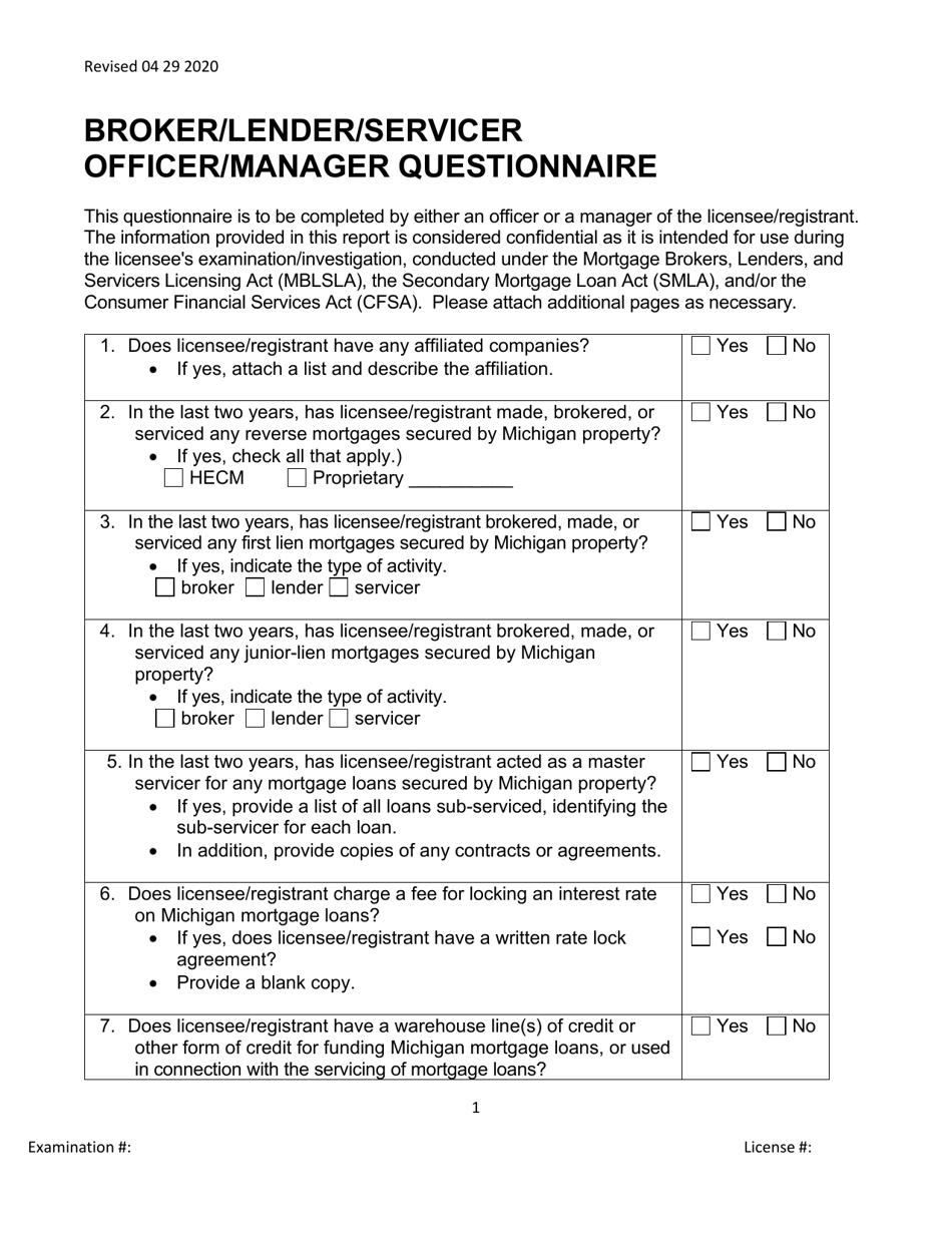 Broker / Lender / Servicer Officer / Manager Questionnaire - Michigan, Page 1