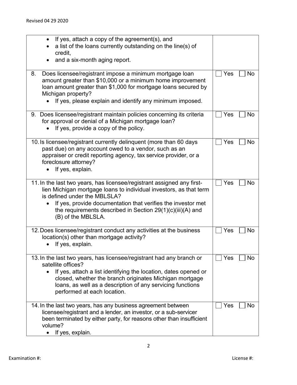 Broker / Lender / Servicer Officer / Manager Questionnaire - Michigan, Page 2