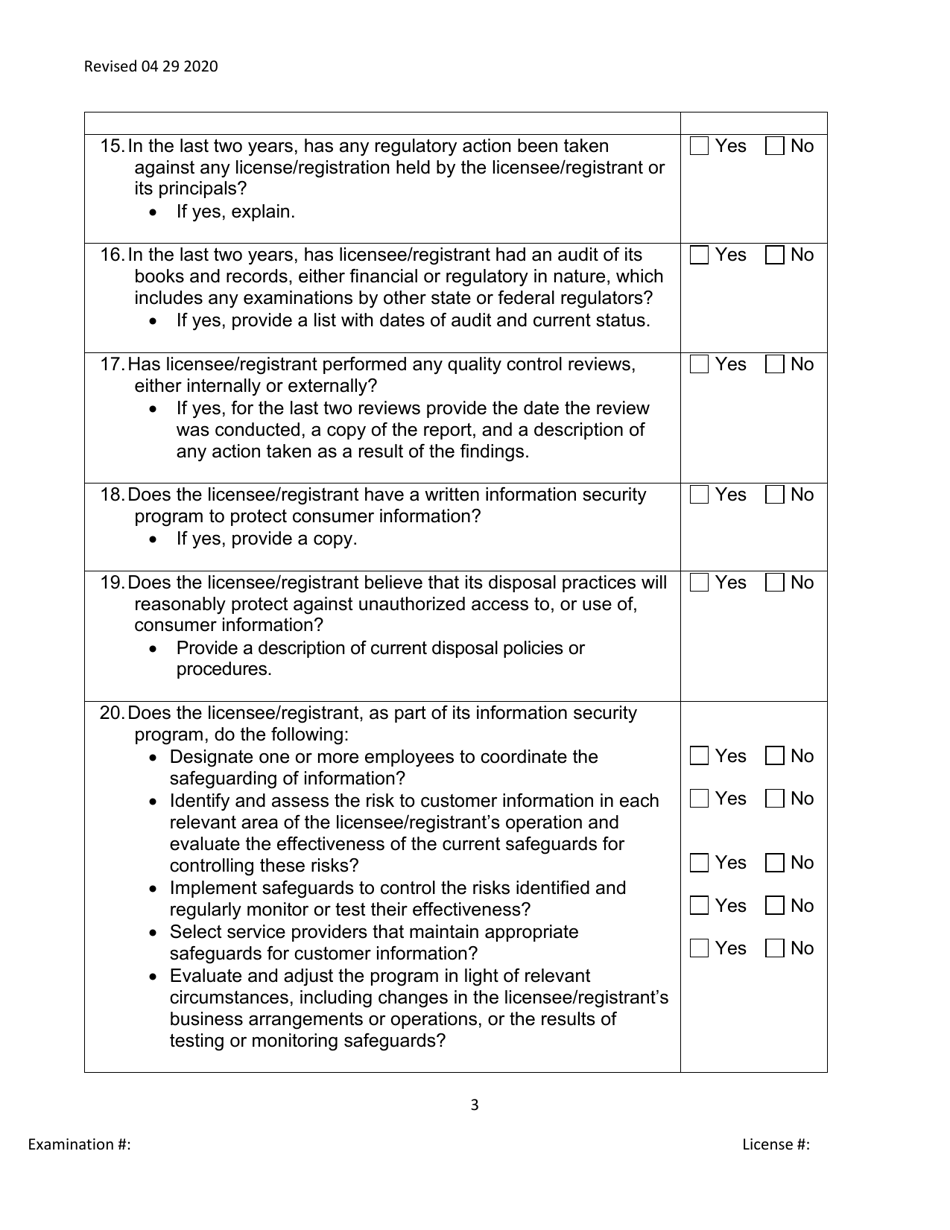 Broker / Lender / Servicer Officer / Manager Questionnaire - Michigan, Page 3