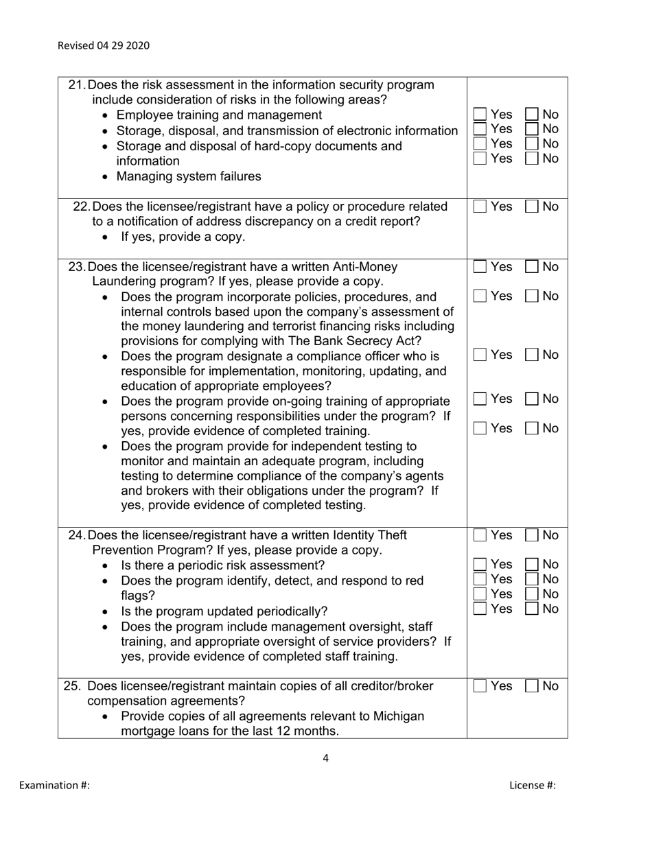 Broker / Lender / Servicer Officer / Manager Questionnaire - Michigan, Page 4