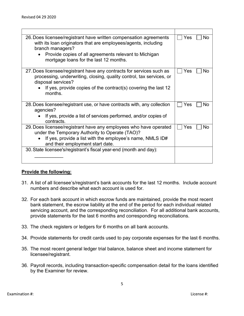 Broker / Lender / Servicer Officer / Manager Questionnaire - Michigan, Page 5