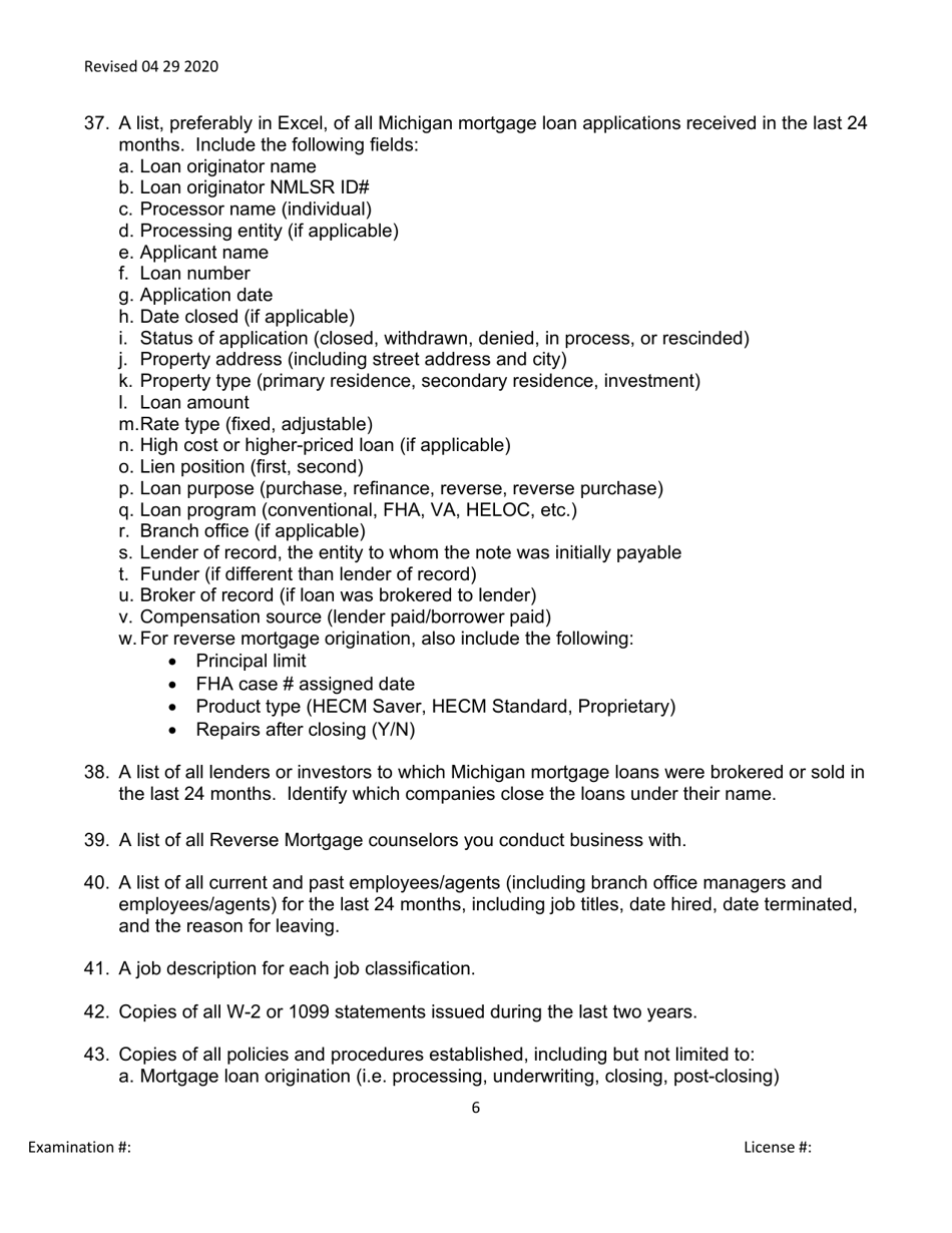 Broker / Lender / Servicer Officer / Manager Questionnaire - Michigan, Page 6