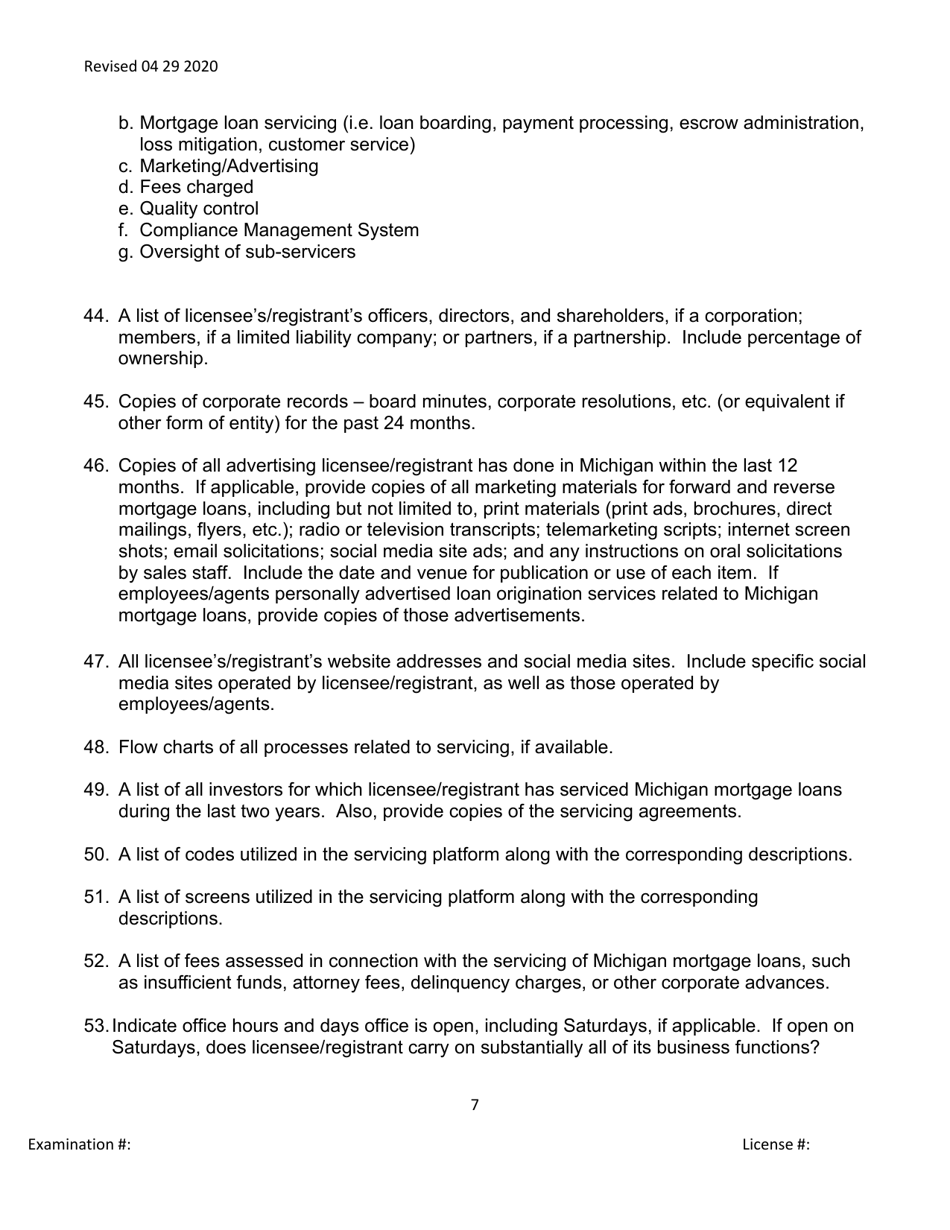 Broker / Lender / Servicer Officer / Manager Questionnaire - Michigan, Page 7