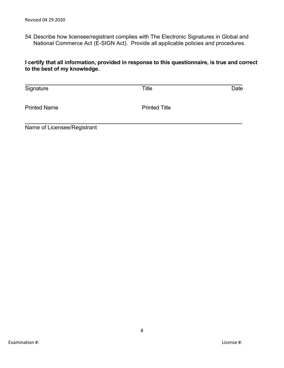 Broker / Lender / Servicer Officer / Manager Questionnaire - Michigan, Page 8