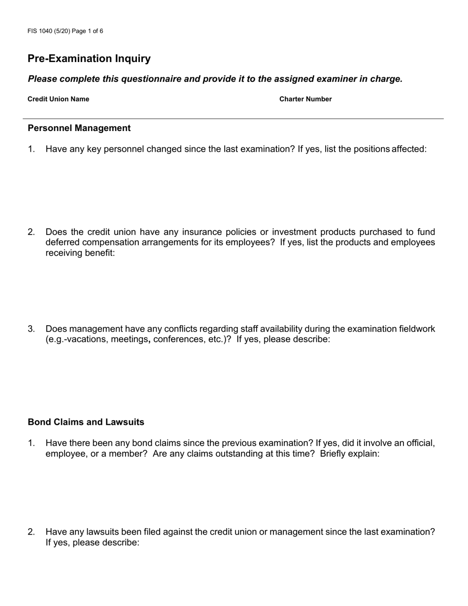 Form FIS1040 Pre-examination Inquiry - Michigan, Page 1