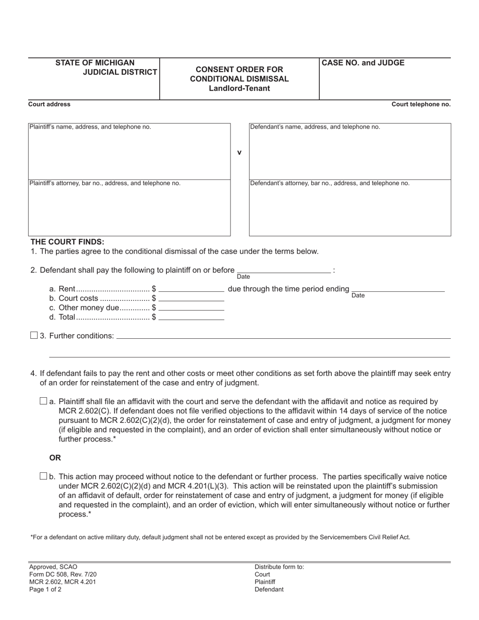 Form DC508 Consent Order for Conditional Dismissal, Landlord-Tenant - Michigan, Page 1