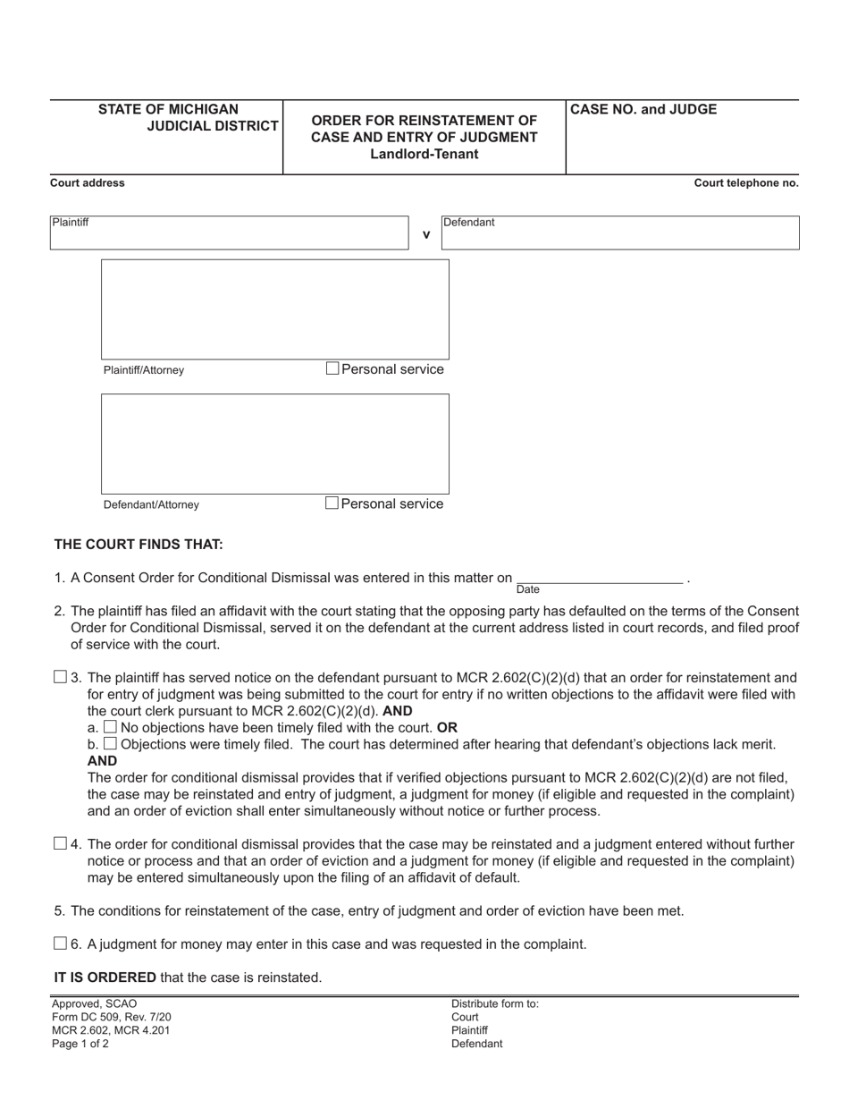 Form DC509 Order for Reinstatement of Case and Entry of Judgment, Landlord-Tenant - Michigan, Page 1