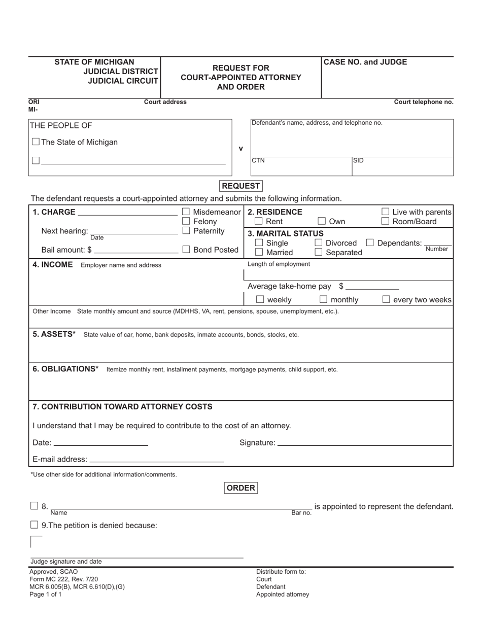 Form MC222 Request for Court-Appointed Attorney and Order - Michigan, Page 1