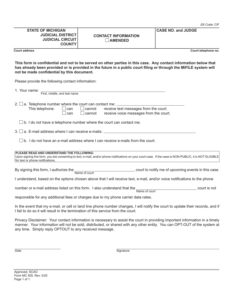 Form MC505 Contact Information - Michigan, Page 1