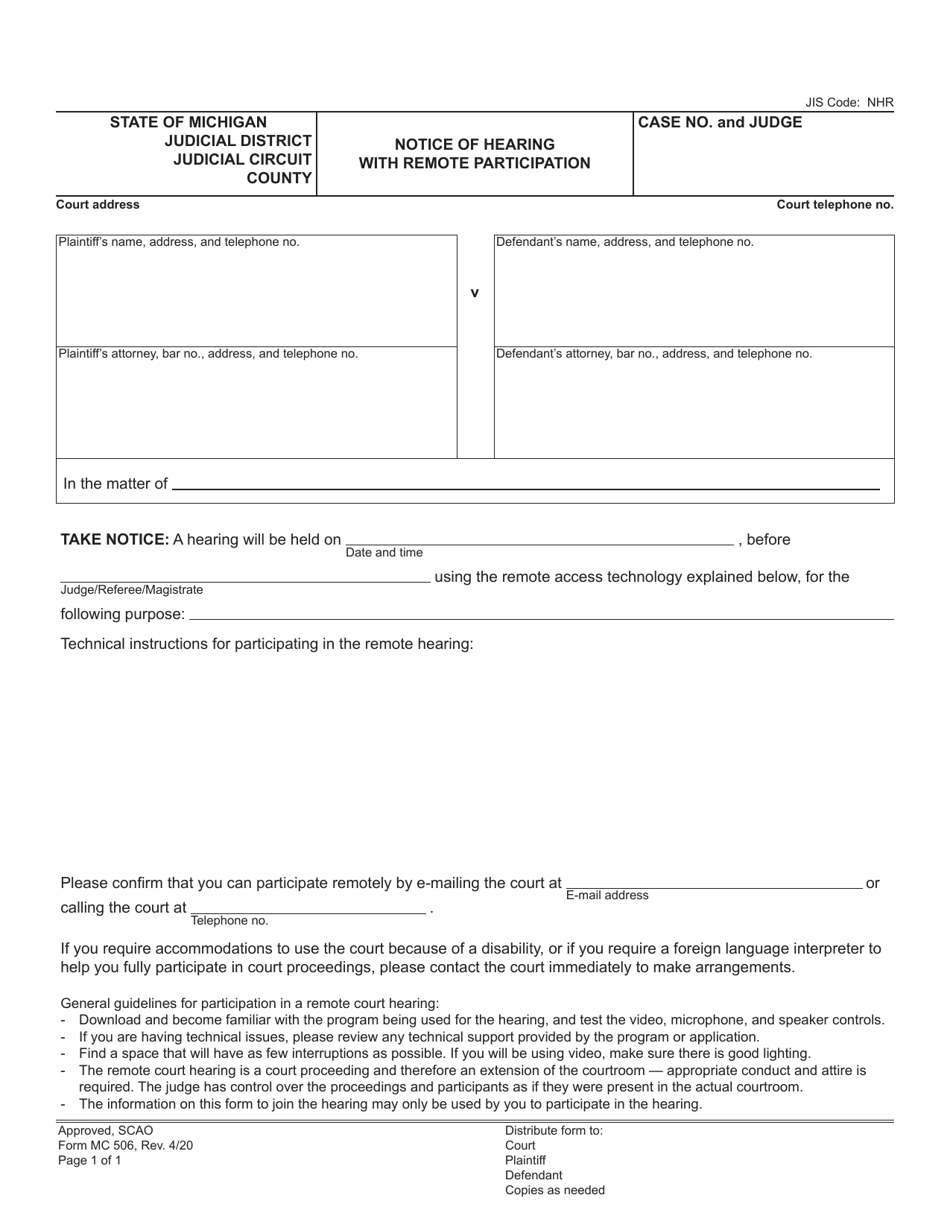 Form MC506 Notice of Hearing With Remote Participation - Michigan, Page 1