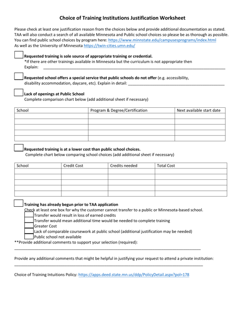 Choice of Training Institutions Justification Worksheet - Minnesota