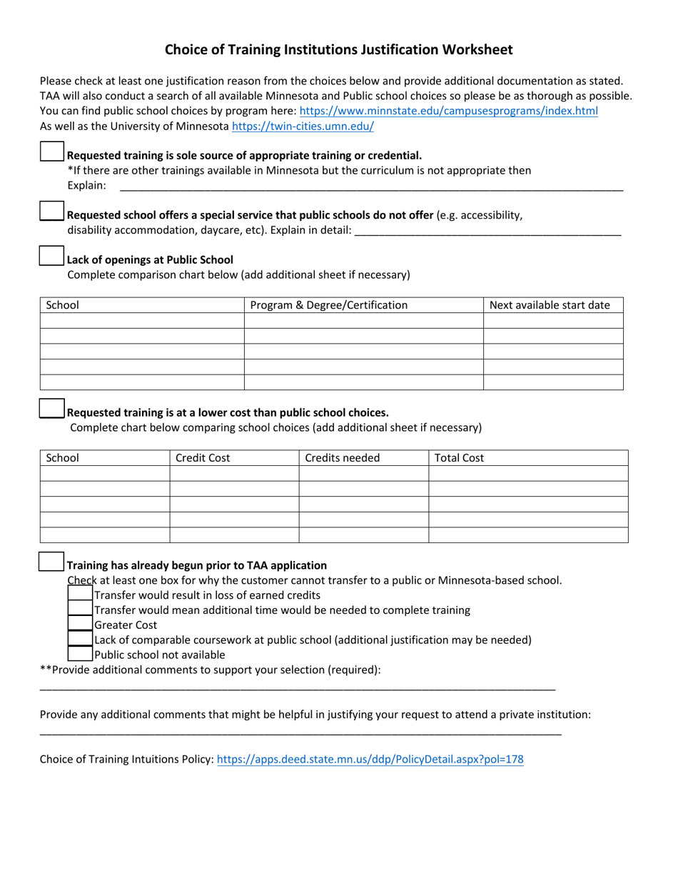 Choice of Training Institutions Justification Worksheet - Minnesota, Page 1