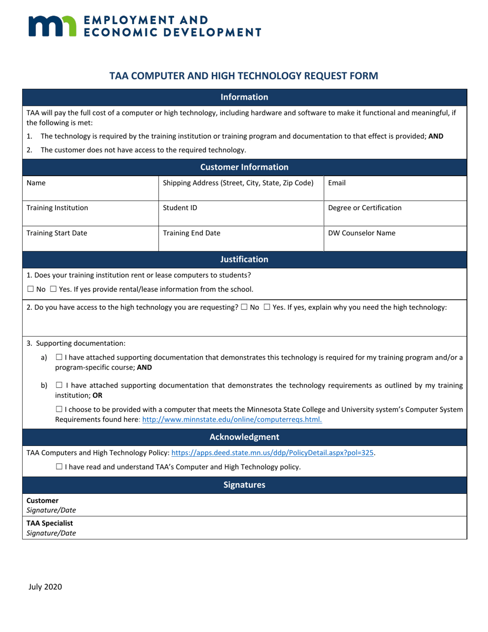 Taa Computer and High Technology Request Form - Minnesota, Page 1