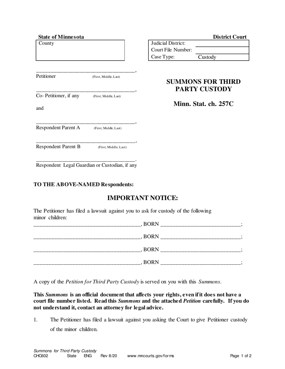 Form CHC602 Summons for Third Party Custody - Minnesota, Page 1