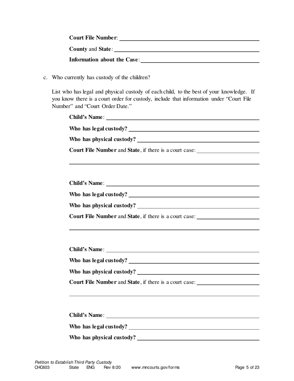 Form CHC603 Petition for Third Party Custody - Minnesota, Page 5