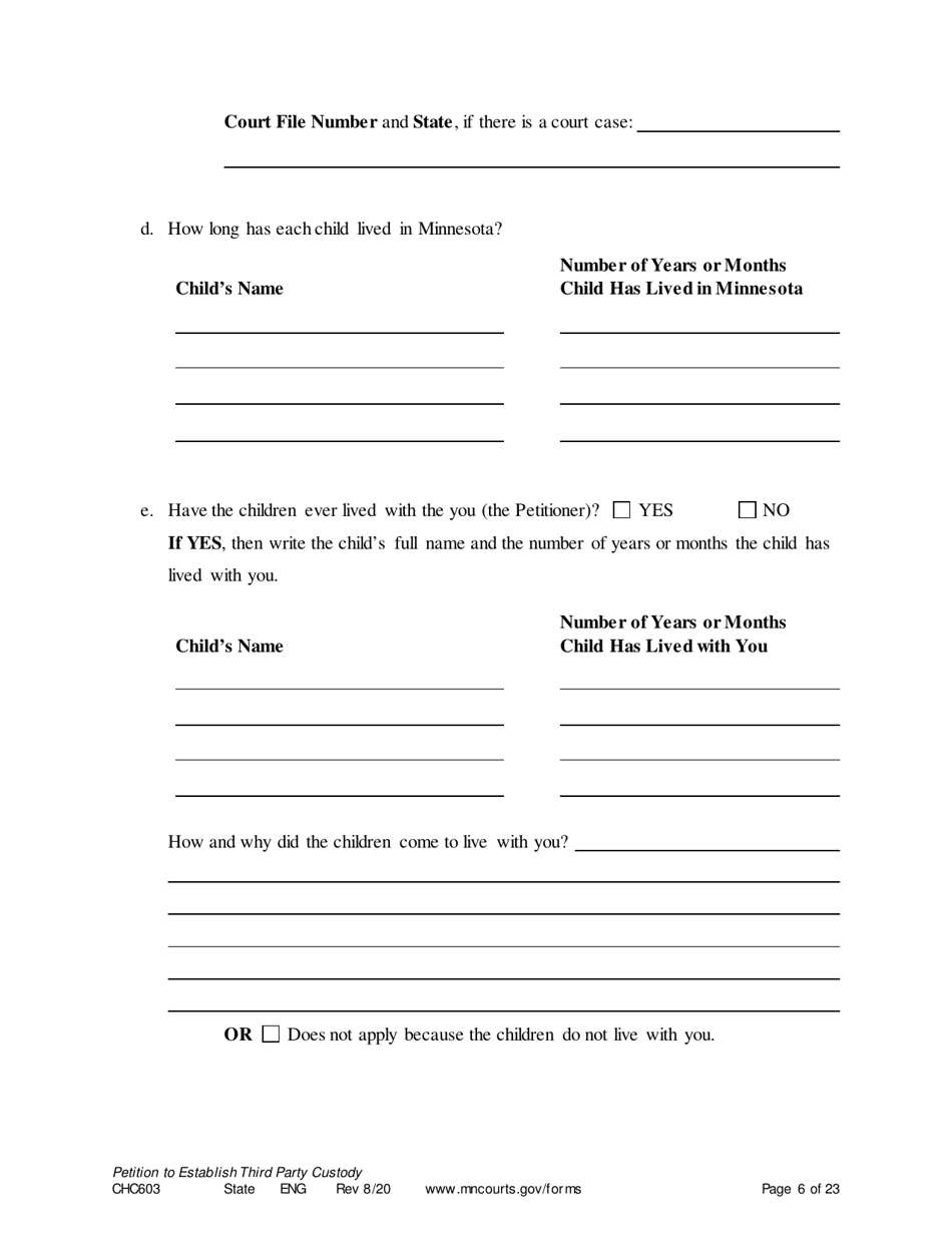 Form CHC603 Petition for Third Party Custody - Minnesota, Page 6