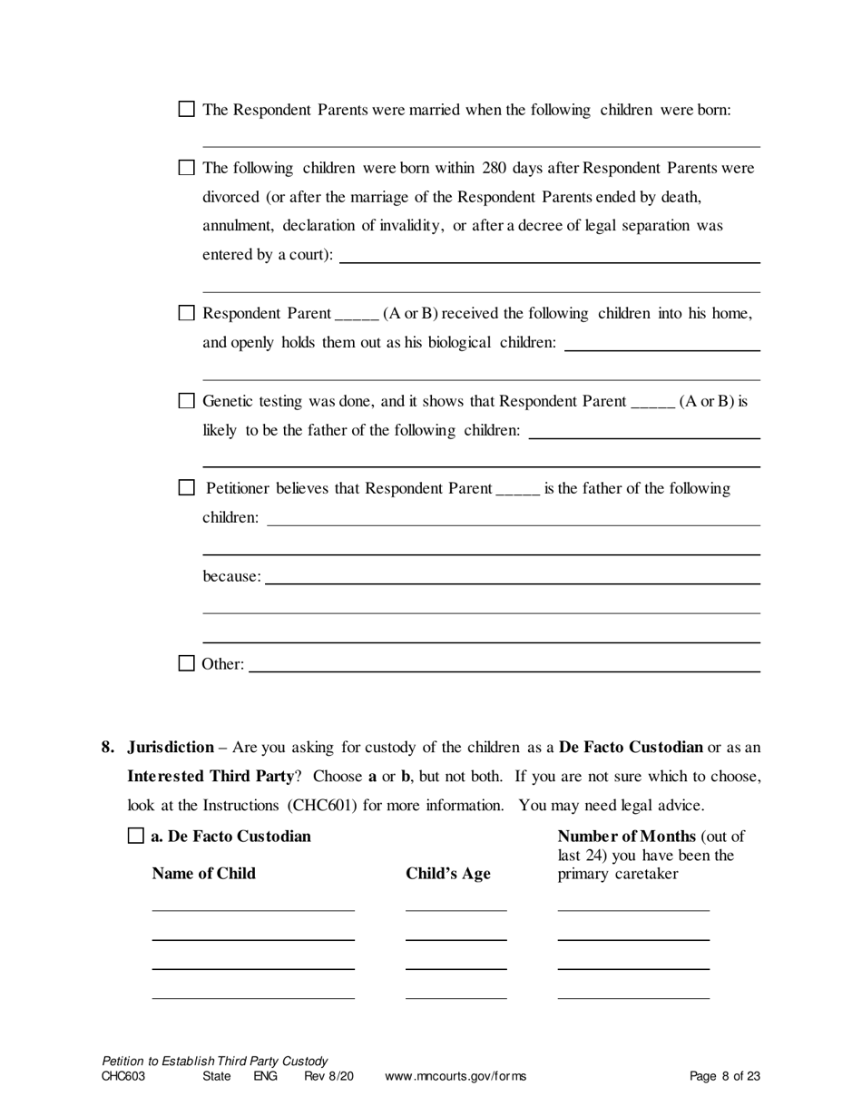 Form CHC603 Petition for Third Party Custody - Minnesota, Page 8