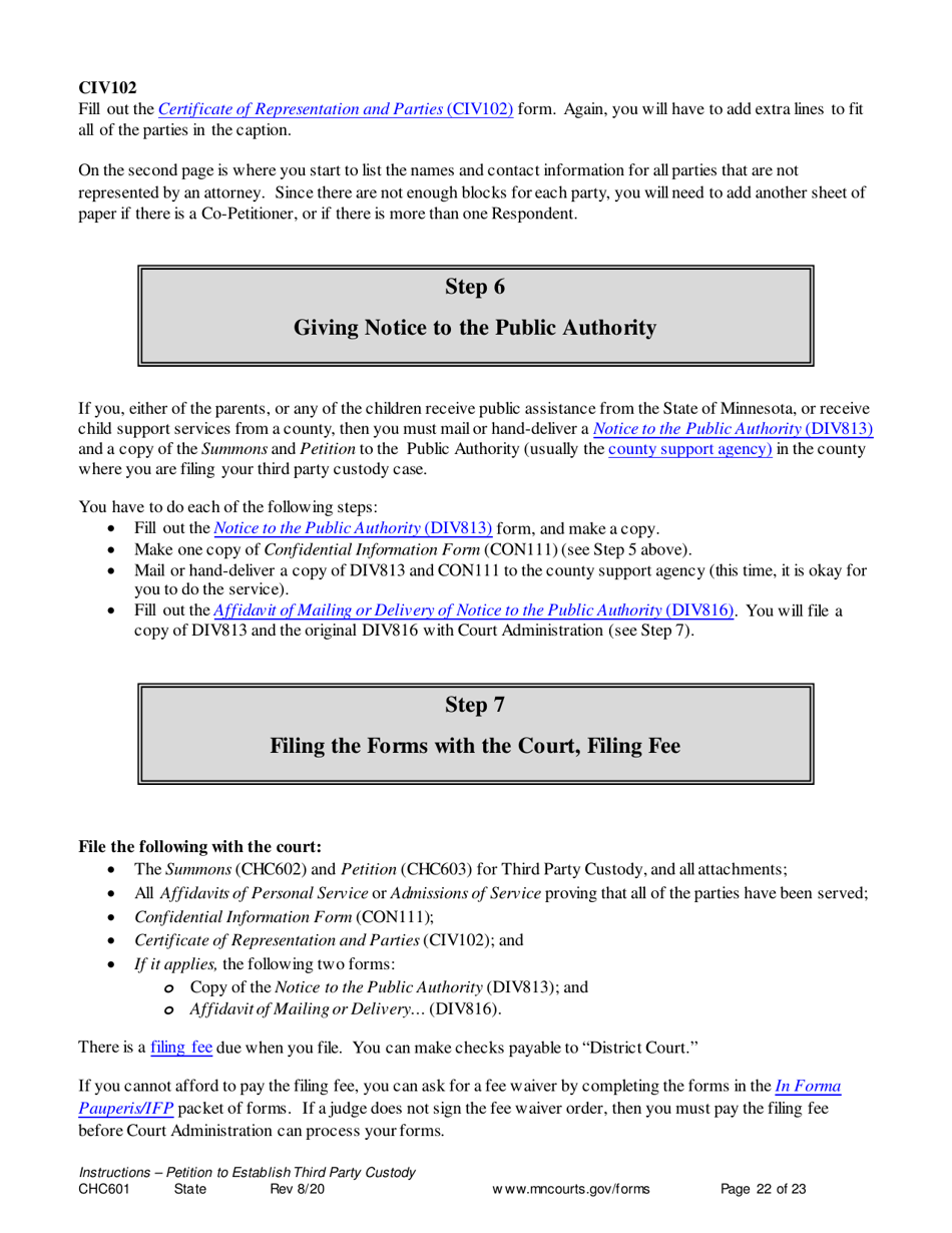 Instructions for Form CHC602, CHC603, CIV102, SOP102, CHC604, DIV813, DIV816, CON111 - Minnesota, Page 22