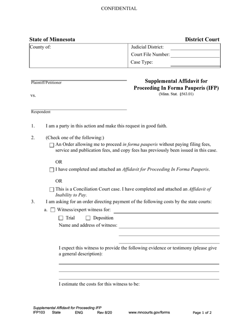 Form IFP103 Supplemental Affidavit for Proceeding in Forma Pauperis (Ifp) - Minnesota