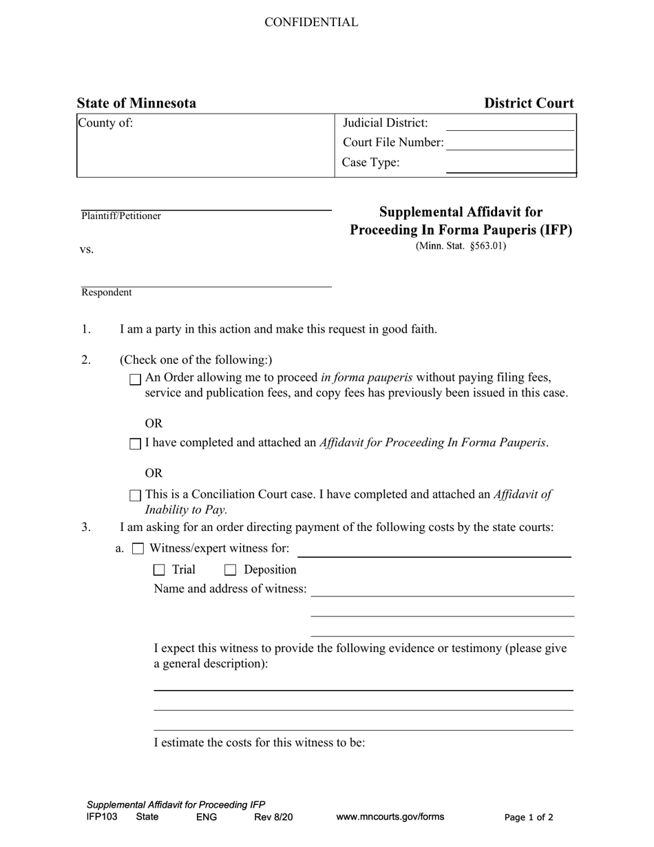 Form IFP103 Supplemental Affidavit for Proceeding in Forma Pauperis (Ifp) - Minnesota, Page 1