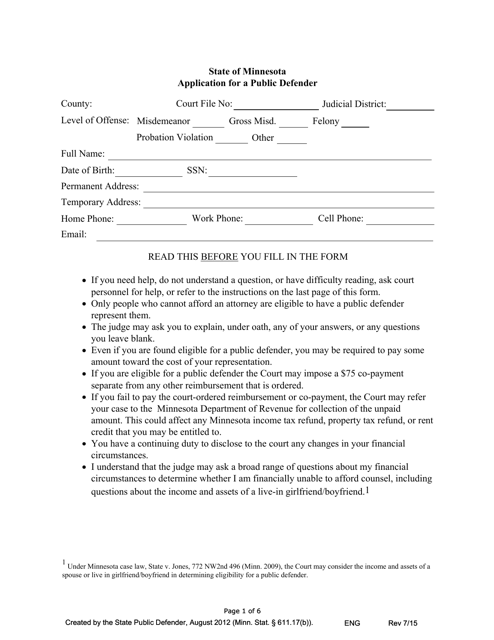 Application for a Public Defender - Minnesota Download Pdf