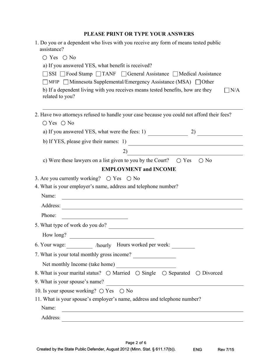 Application for a Public Defender - Minnesota, Page 2