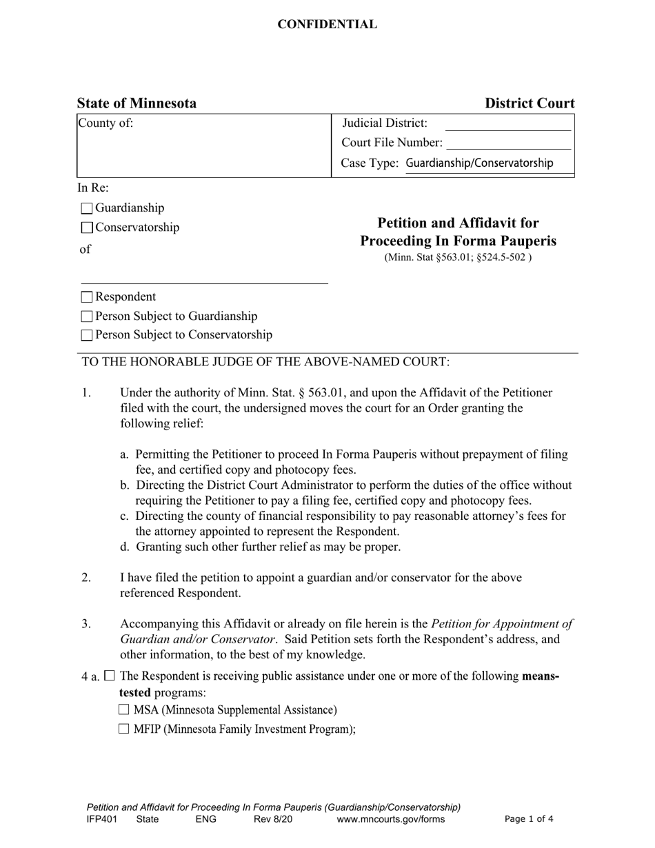 Form IFP401 Petition and Affidavit for Proceeding in Forma Pauperis (Guardianship / Conservatorship) - Minnesota, Page 1