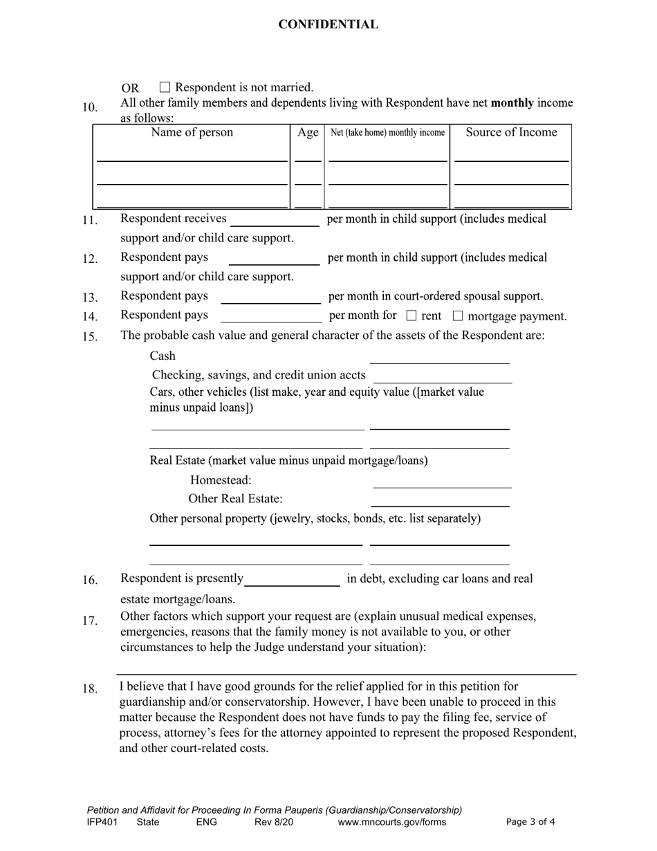 Form IFP401 Petition and Affidavit for Proceeding in Forma Pauperis (Guardianship / Conservatorship) - Minnesota, Page 3