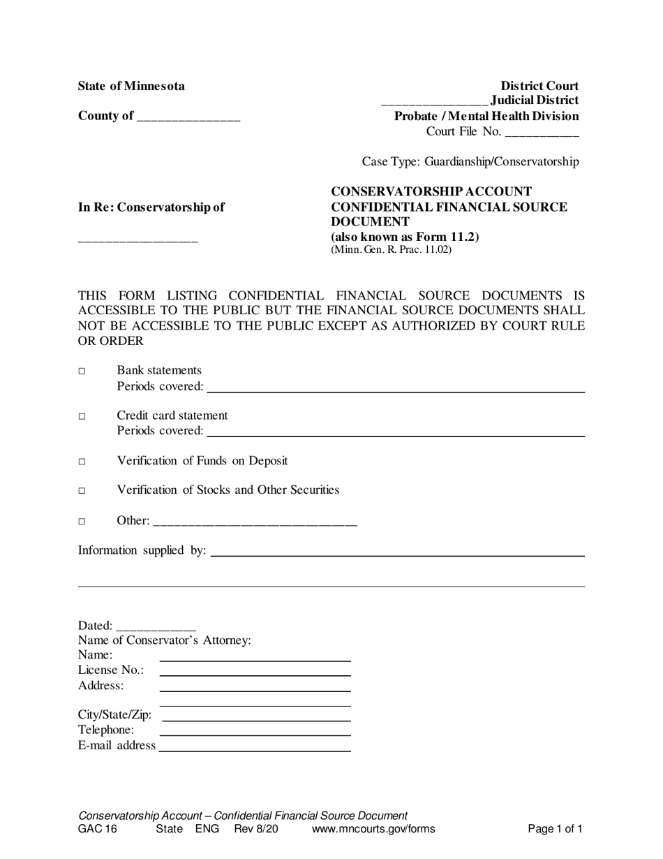 Form GAC16 Conservatorship Account Confidential Financial Source Document - Minnesota, Page 1