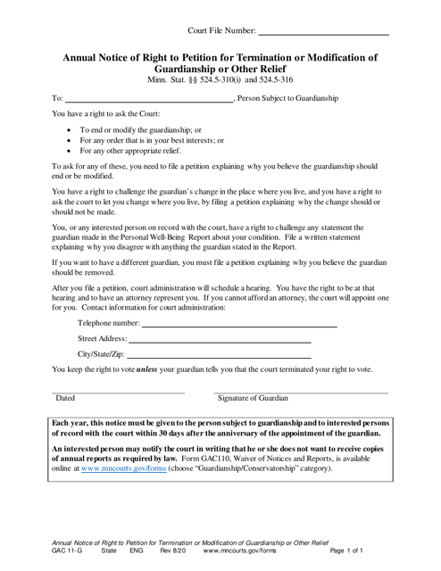 Form GAC11-G Annual Notice of Right to Petition for Termination or Modification of Guardianship or Other Relief - Minnesota