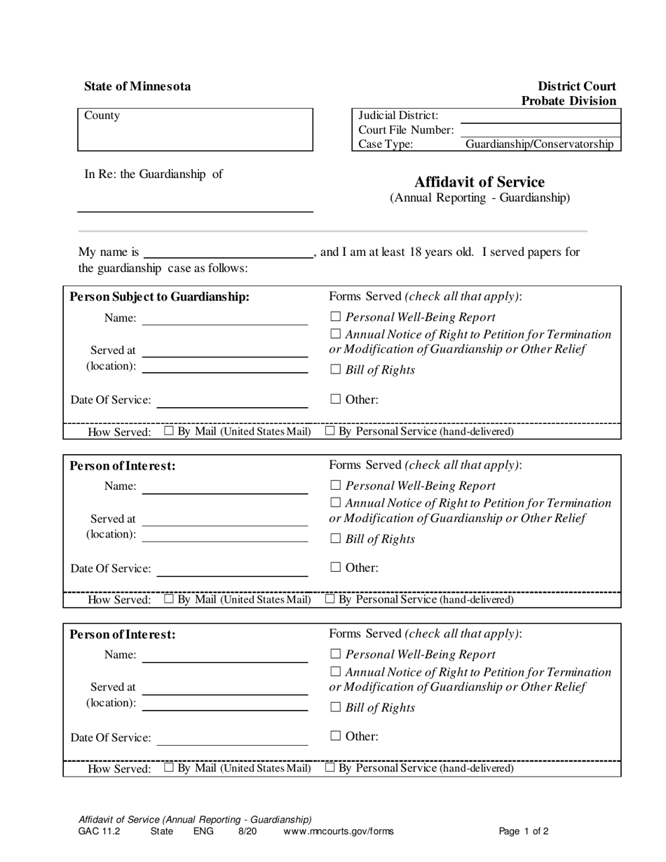 Form GAC11.2 Affidavit of Service (Annual Reporting - Guardianship) - Minnesota, Page 1