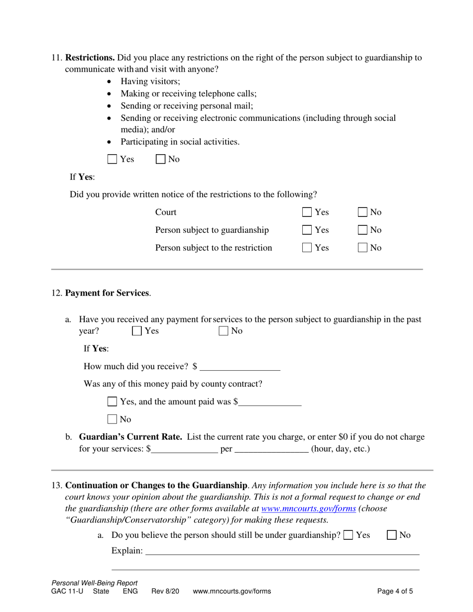 Form GAC11-U Personal Well-Being Report (Annual Report of Guardian) - Minnesota, Page 4