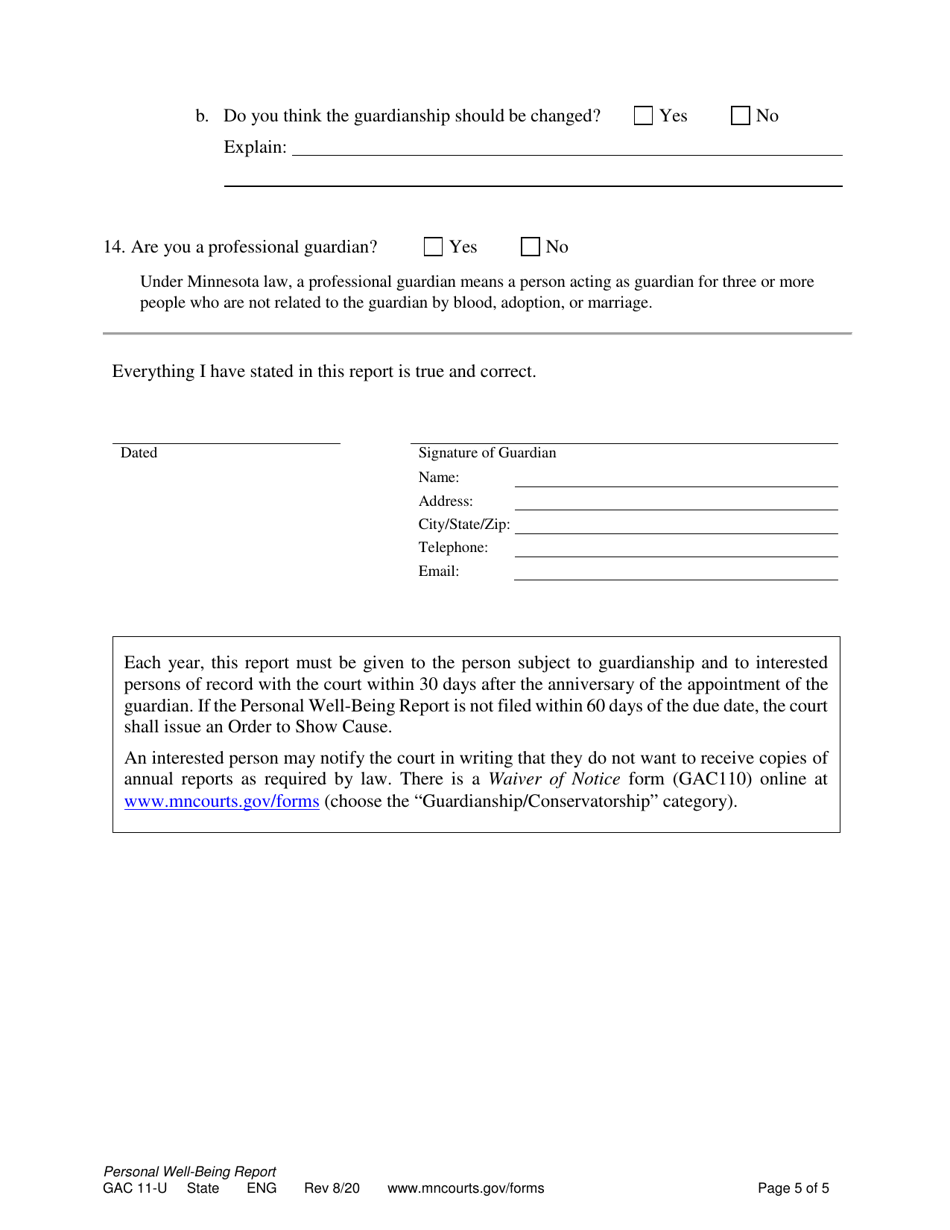 Form GAC11-U Personal Well-Being Report (Annual Report of Guardian) - Minnesota, Page 5