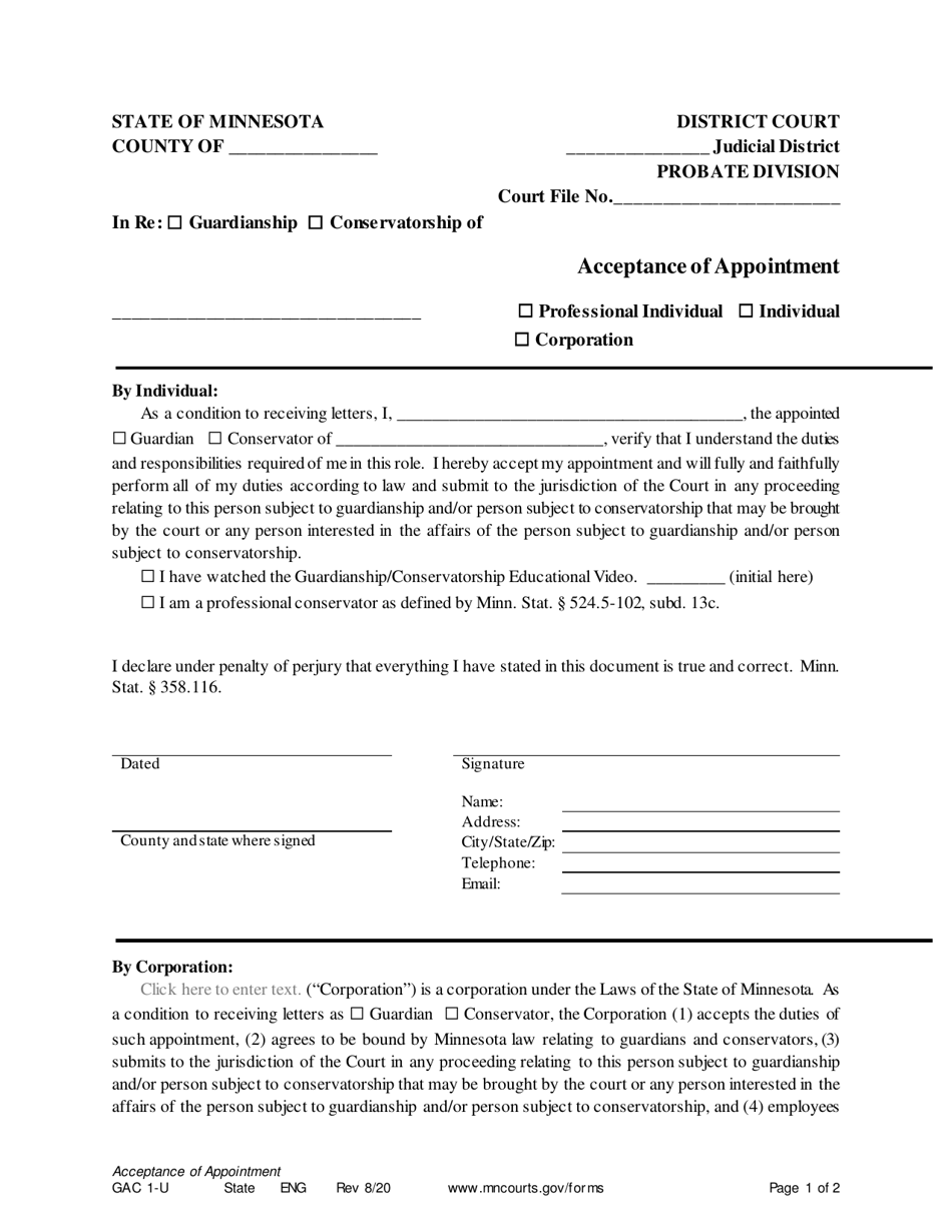 Form GAC1-U Acceptance of Appointment by Conservator / Guardian - Minnesota, Page 1