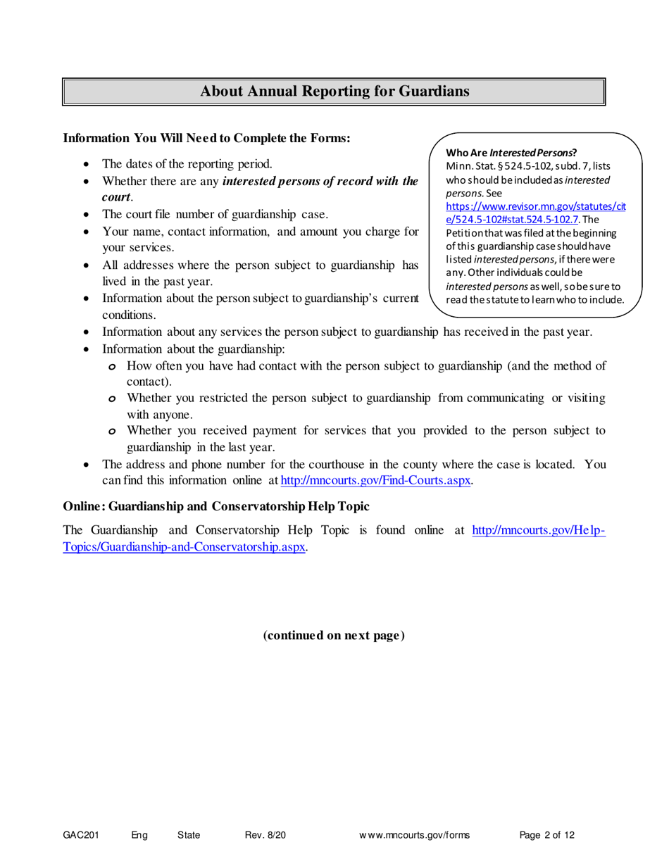 Form GAC201 Instructions - Annual Reporting for Guardians - Minnesota, Page 2