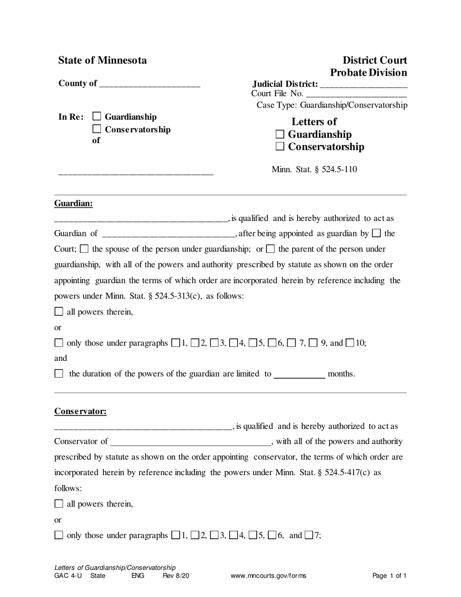 Form GAC4-U Letters of Guardianship of the Person / Conservatorship of the Estate - Minnesota, Page 1