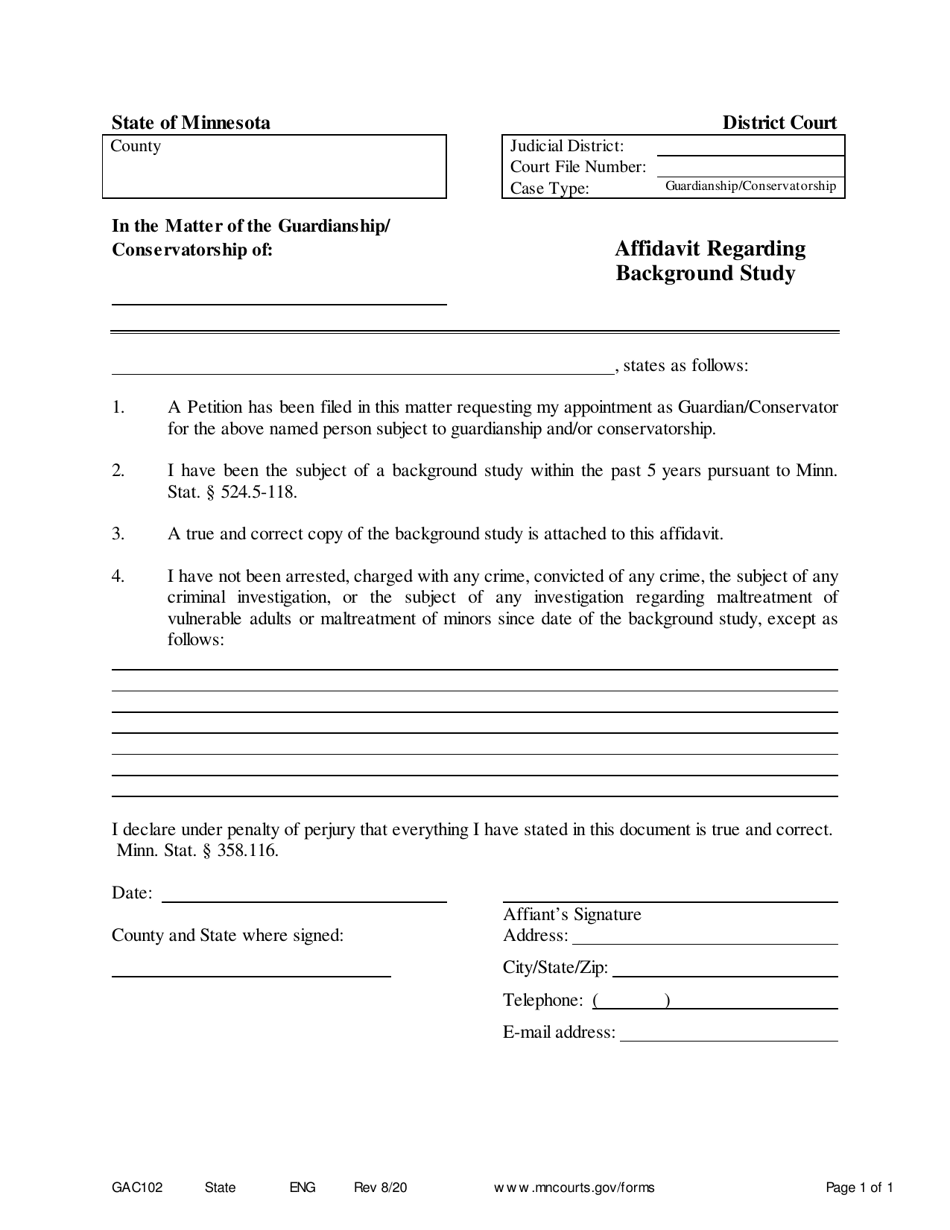 Form GAC102 Affidavit Regarding Background Study - Minnesota, Page 1