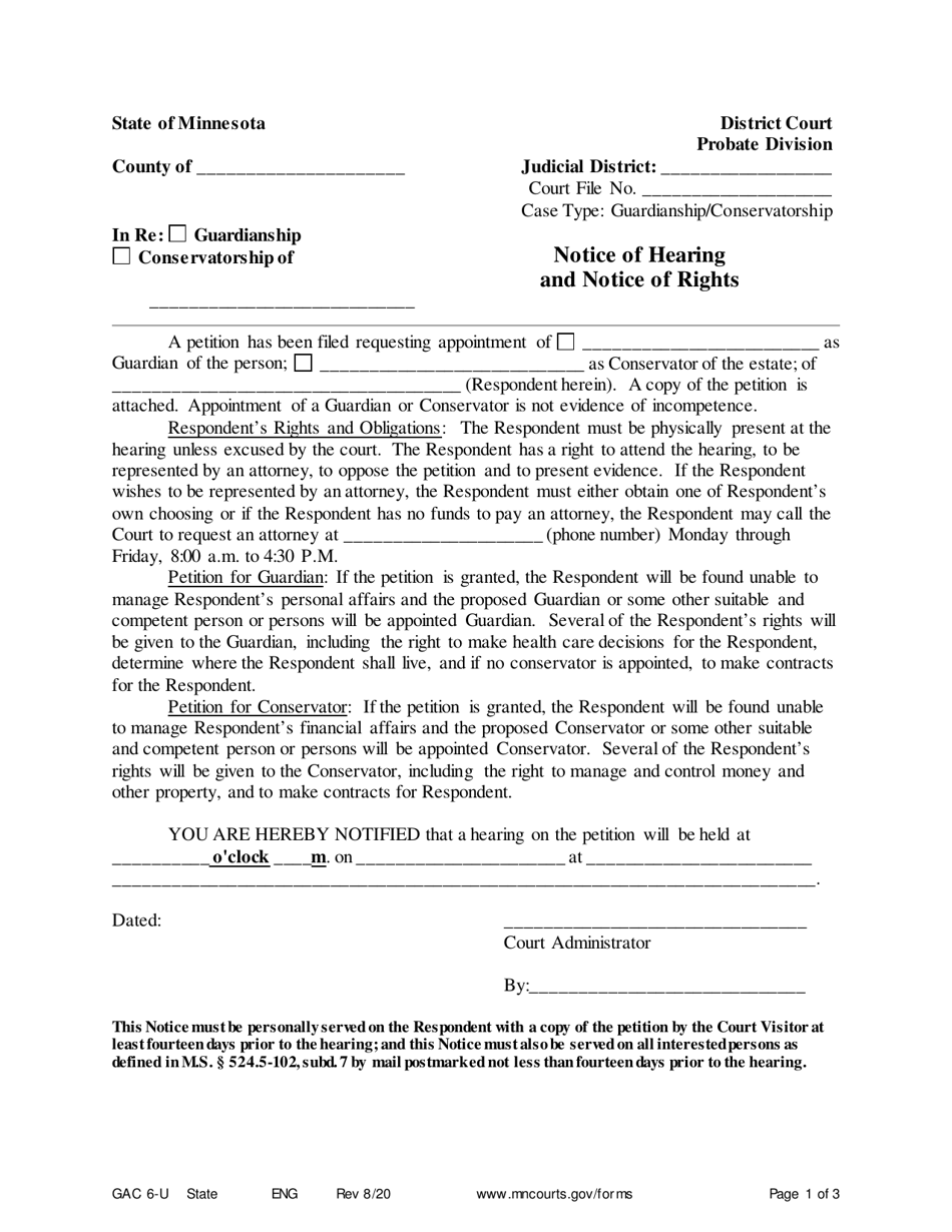 Form GAC6-U Notice of Hearing and Notice of Rights - Minnesota, Page 1