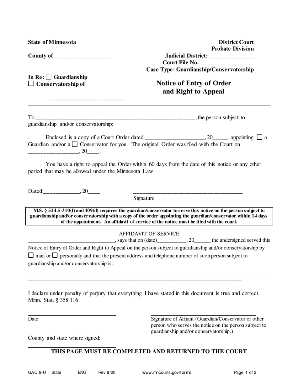 Form GAC9-U Notice of Entry of Order and Right to Appeal - Minnesota, Page 1