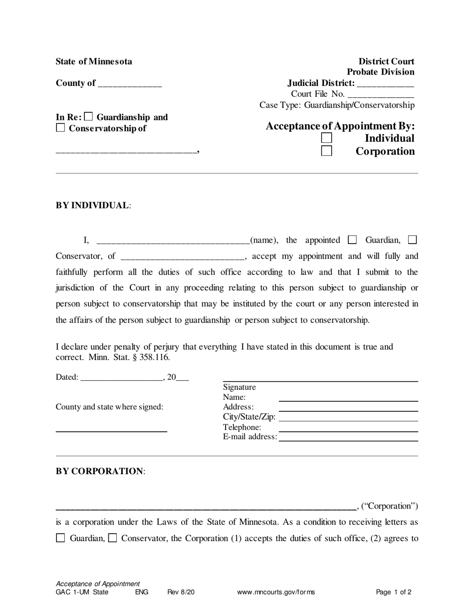 Form GAC1-UM Acceptance of Appointment by Conservator / Guardian (Minor) - Minnesota, Page 1
