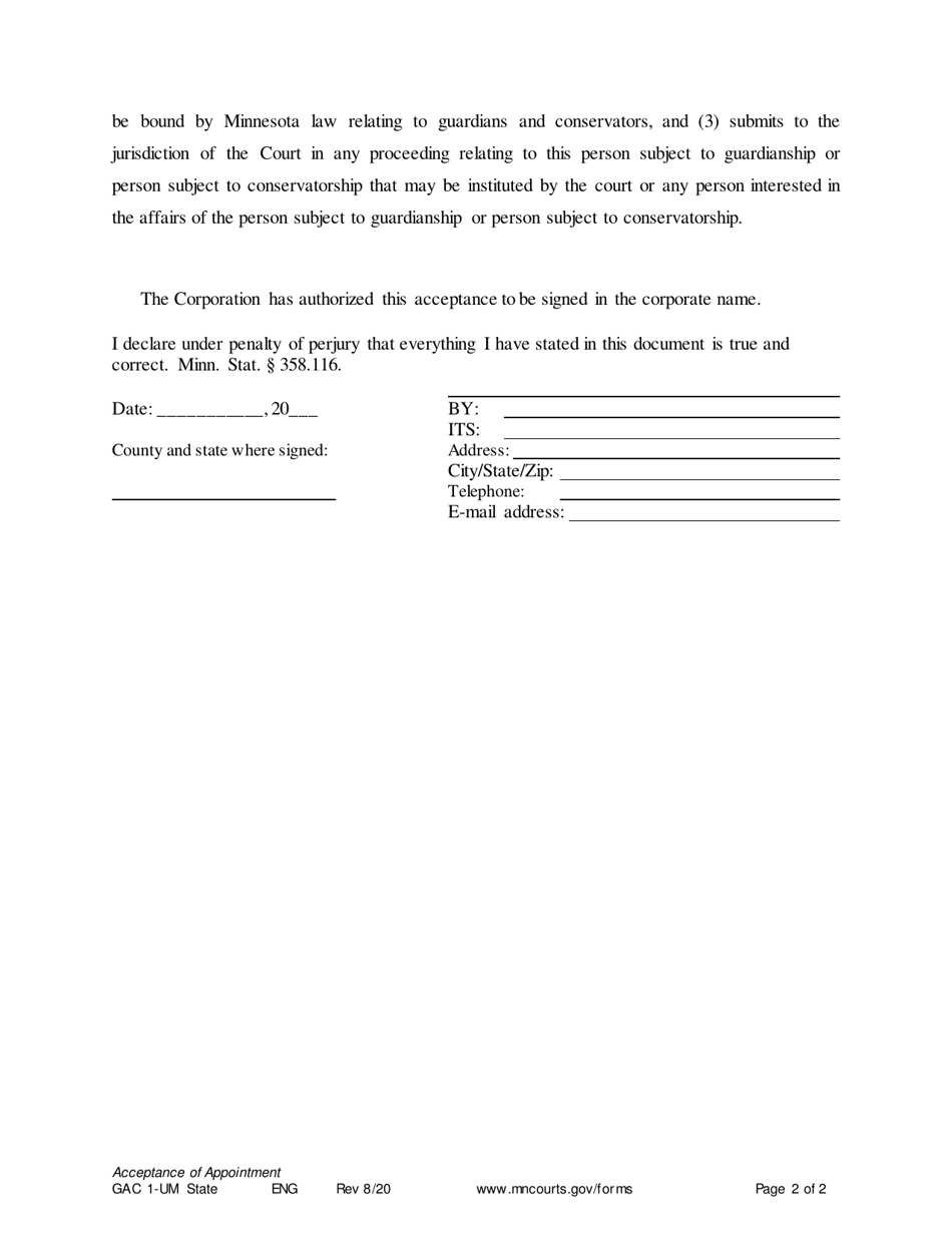Form GAC1-UM Acceptance of Appointment by Conservator / Guardian (Minor) - Minnesota, Page 2