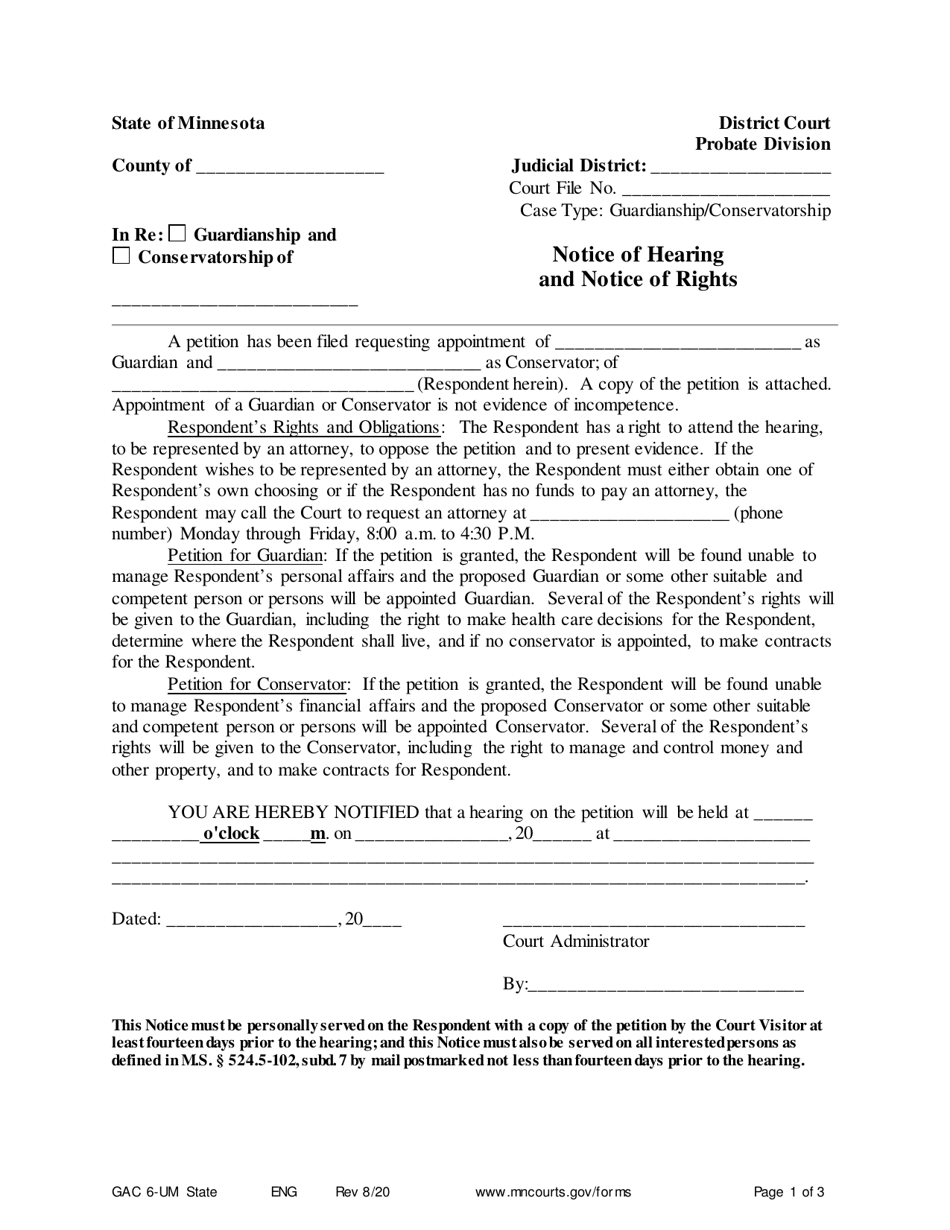 Form GAC6-UM Notice of Hearing and Notice of Rights - Minnesota, Page 1