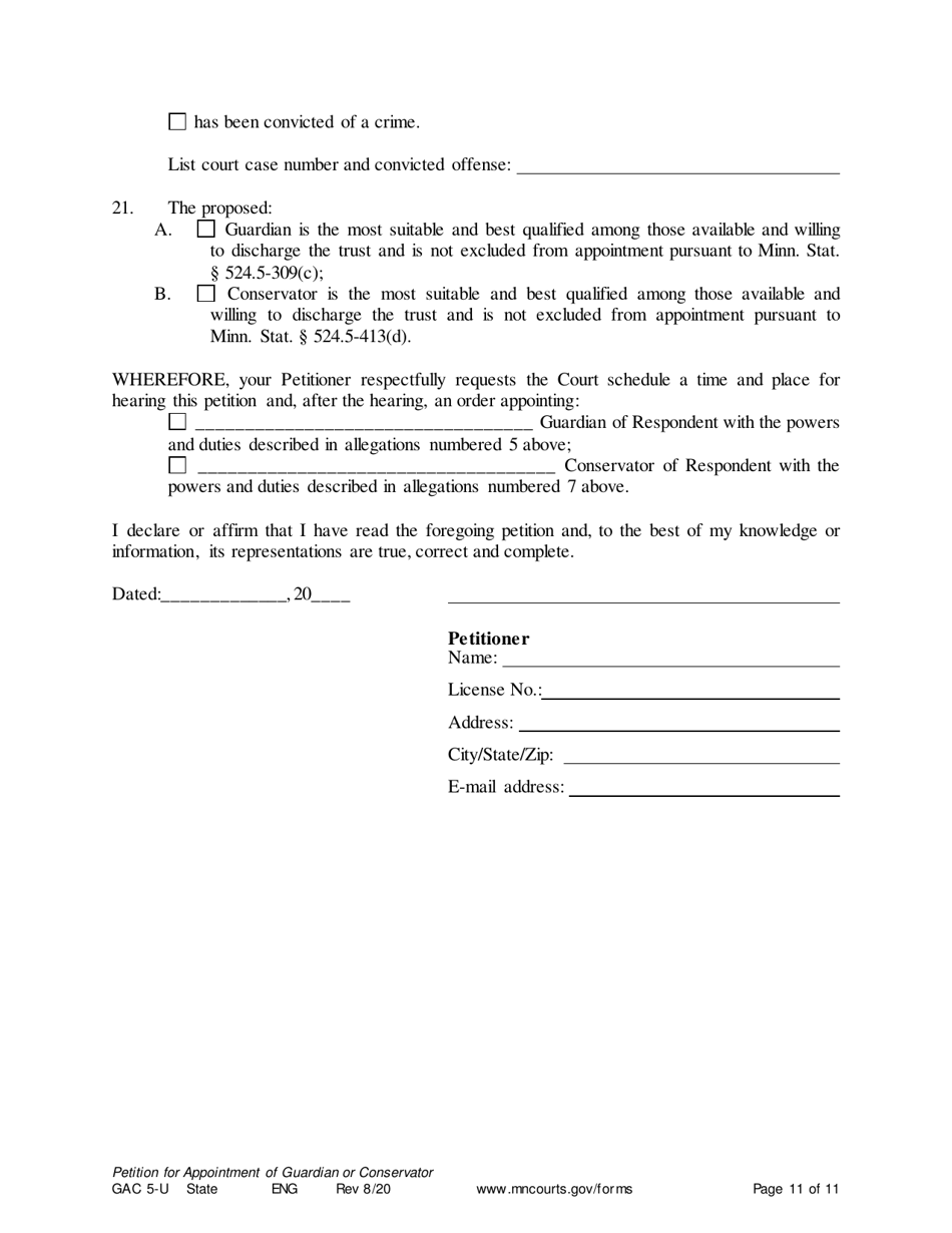 Form GAC5-U Petition for Appointment of General Conservator or Guardian - Minnesota, Page 11