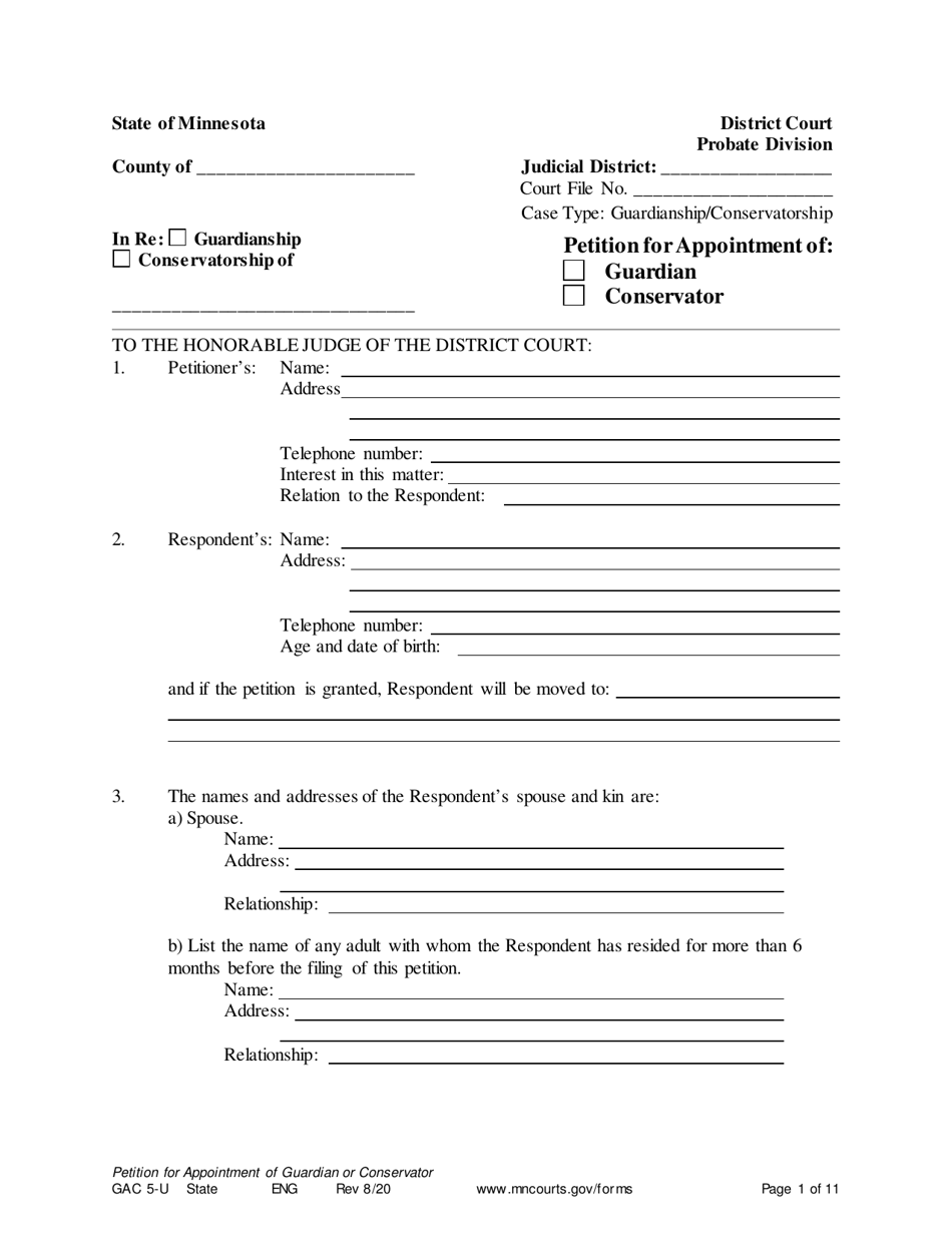 Form GAC5-U Petition for Appointment of General Conservator or Guardian - Minnesota, Page 1