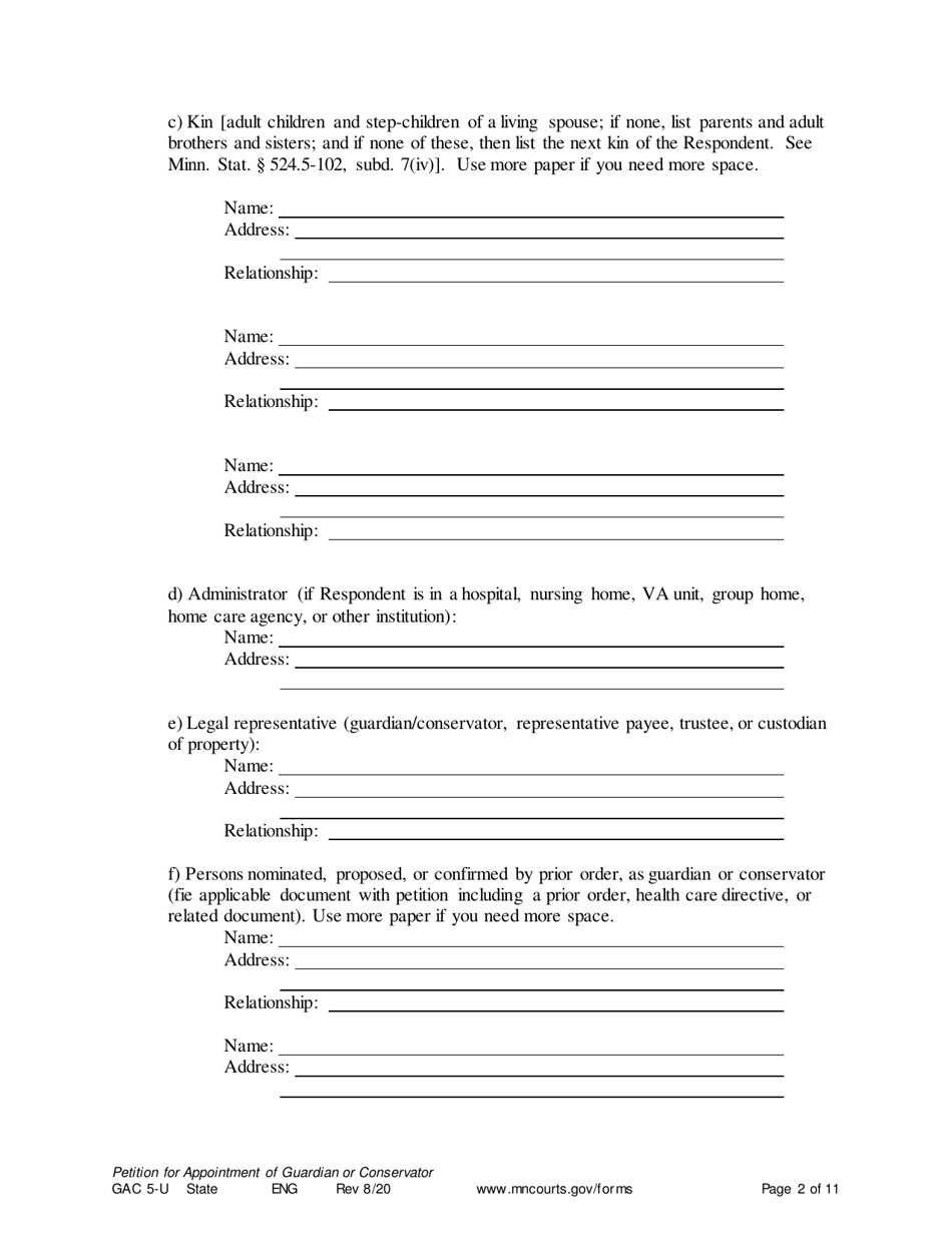 Form GAC5-U Petition for Appointment of General Conservator or Guardian - Minnesota, Page 2