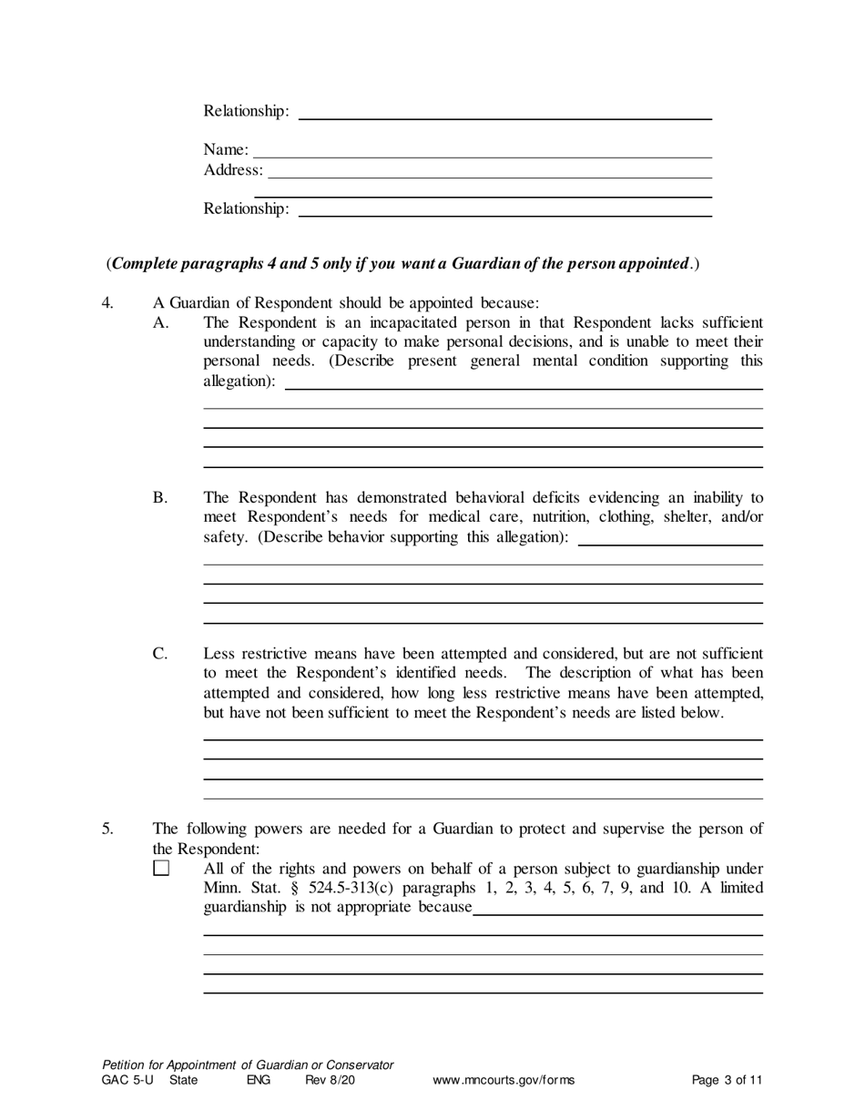 Form GAC5-U Petition for Appointment of General Conservator or Guardian - Minnesota, Page 3