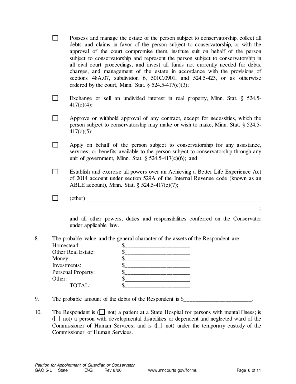 Form GAC5-U Petition for Appointment of General Conservator or Guardian - Minnesota, Page 6