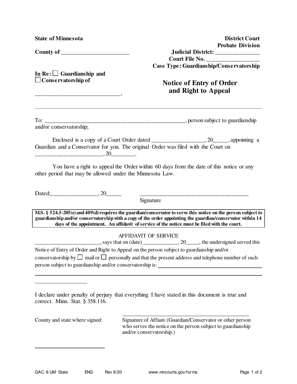 Form GAC9-UM Notice of Entry of Order and Right to Appeal - Minnesota, Page 1