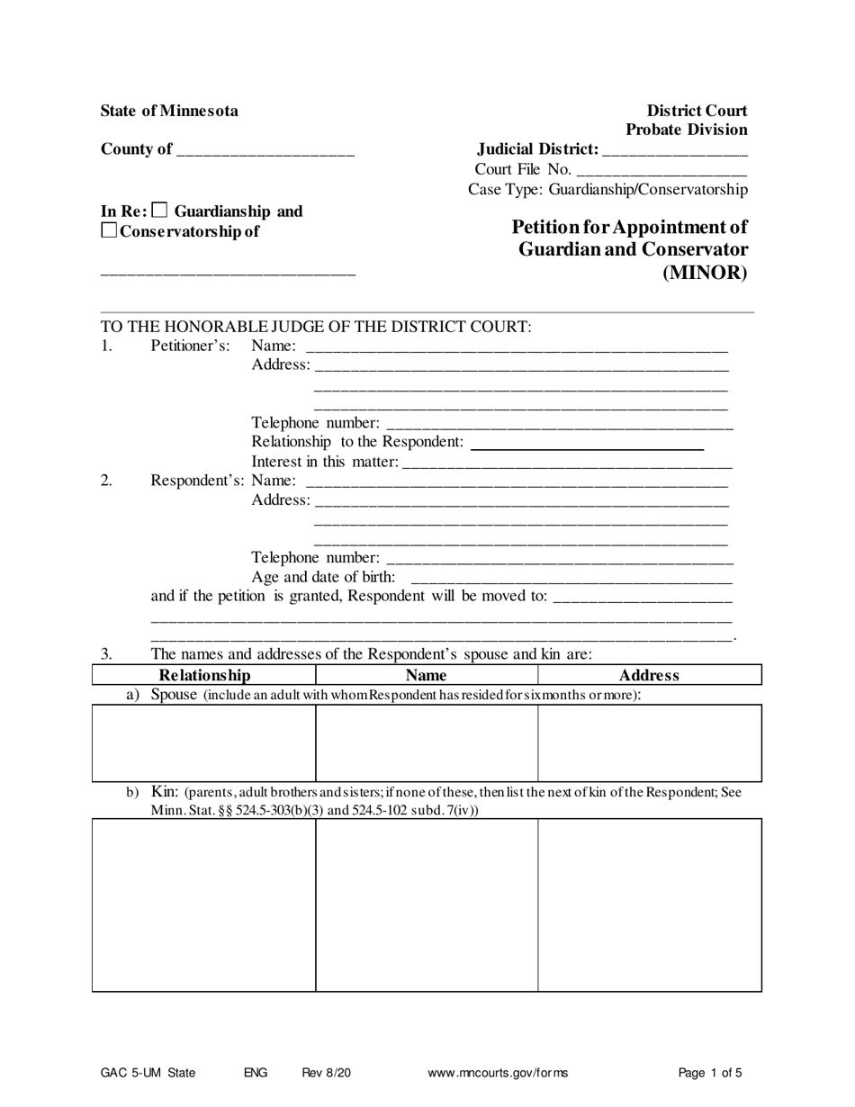 Form GAC5-UM Petition for Appointment of Guardian and Conservator (Minor) - Minnesota, Page 1